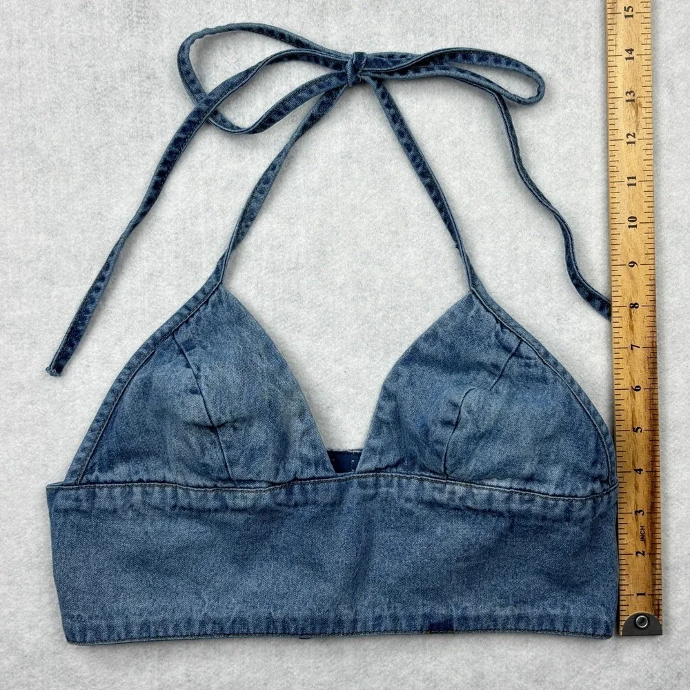 Emma & Sam Crop Top Womens Small Blue Denim Triangle Halter Hook Eye Bralette